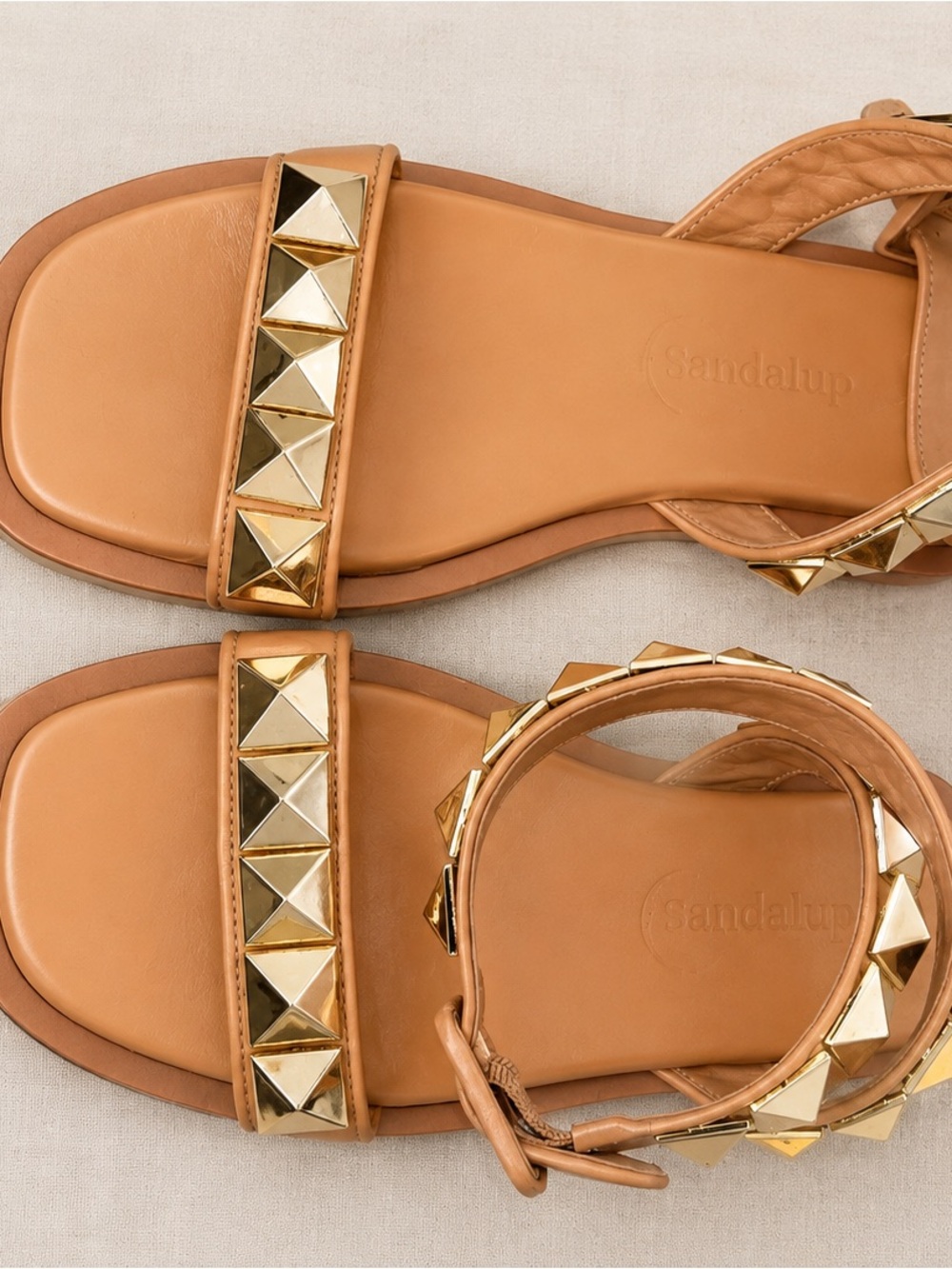 Women’s Tan Pyramid-Stud Ankle-Strap Sandals